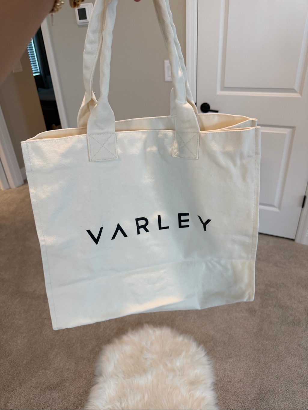 Varley Cream Canvas Shoulder Tote With Black Logo